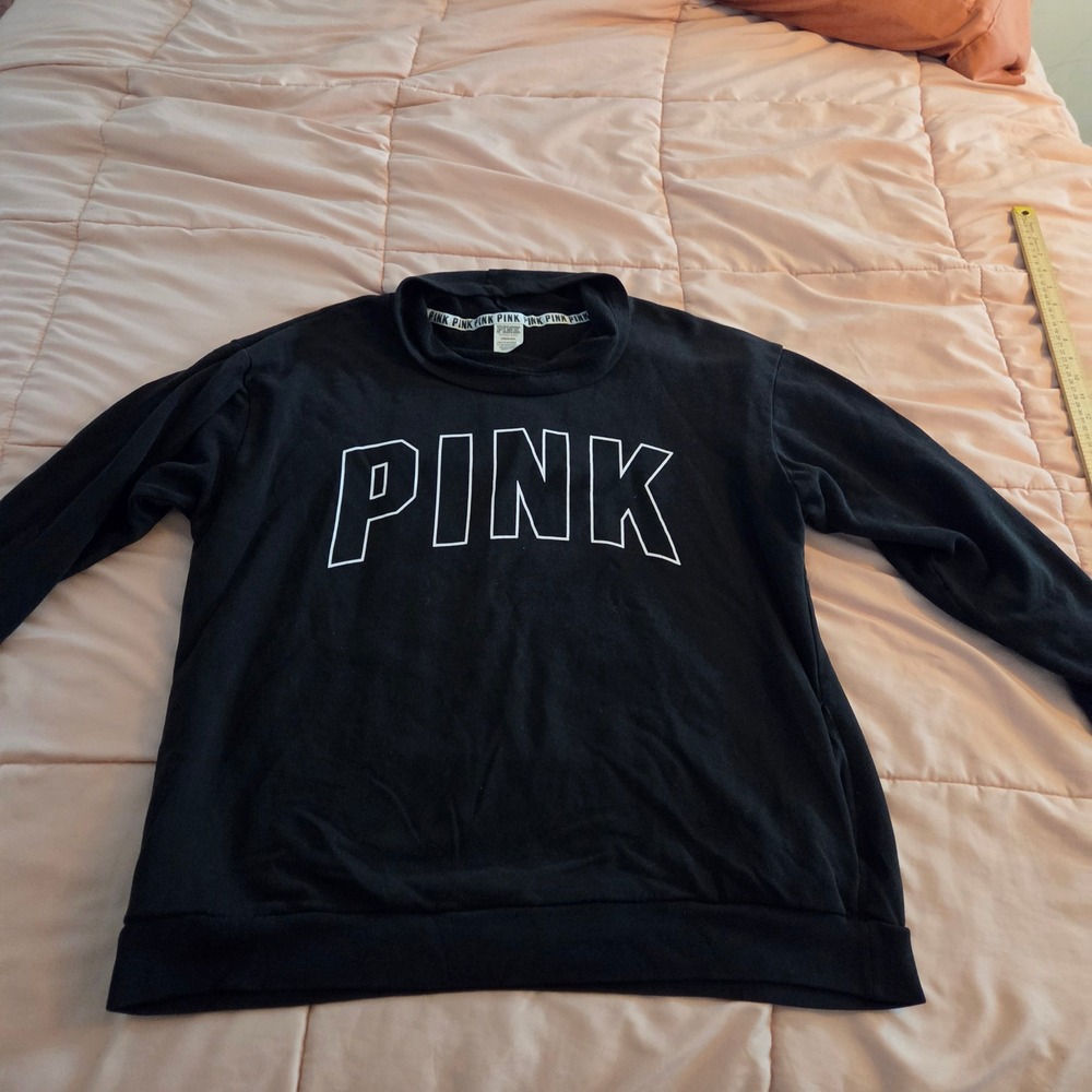PINK Victoria's Secret Black Funnel Neck Logo Sweatshirt Large Pullover